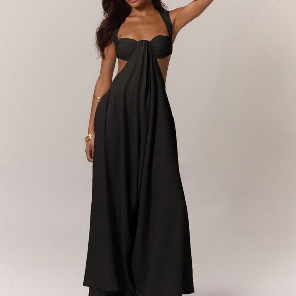 Black Sexy Women's Boho Ruched Bust Extreme Wide Leg Jumpsuit - Picture 4 of 5